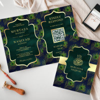 Plumes de paon bleu vert QR Code Mariage musulman