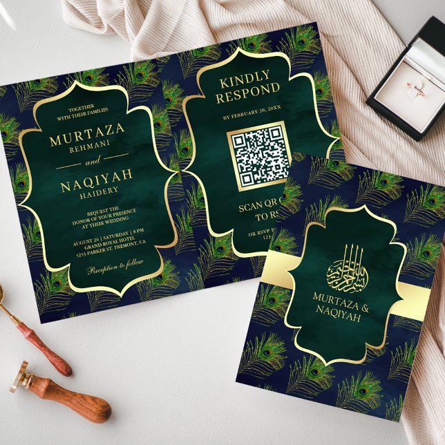 Invitation Plumes de paon bleu vert QR Code Mariage musulman (Créateur téléchargé)