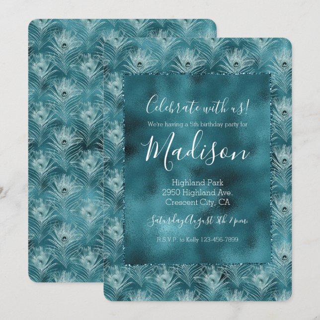 Invitation Plumes de paon glam turquoise brillant (Devant / Derrière)