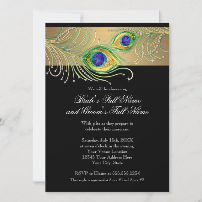 Invitation Plumes de paon moderne Faux Jewel Scroll Swirl (Devant)