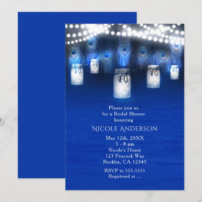 Invitation Plumes de paon, pot Mason & Lumières Guirlande Rus (Devant / Derrière)