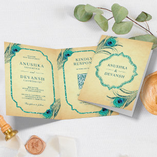 Invitation Plumes de paon turquoise Code QR Mariage indien