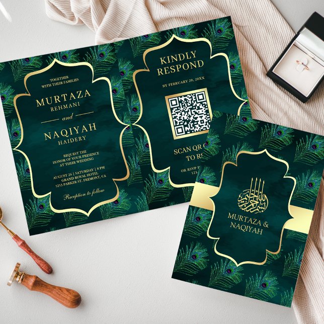 Invitation Plumes de paon Turquoise foncé Code QR Mariage mus (Créateur téléchargé)