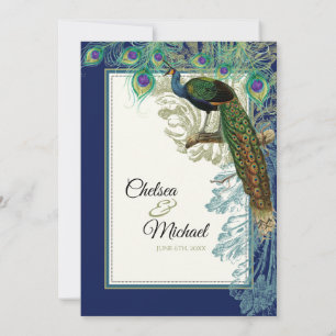 Invitation Plumes de paon vintage bleu marine - Mariage