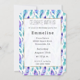 Invitation Plumes de paon violet turquoise