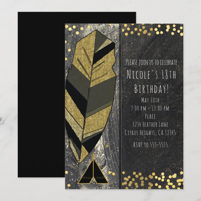 Invitation Plumes dessinées à la main & Tepee Gold Black Invi (Devant / Derrière)