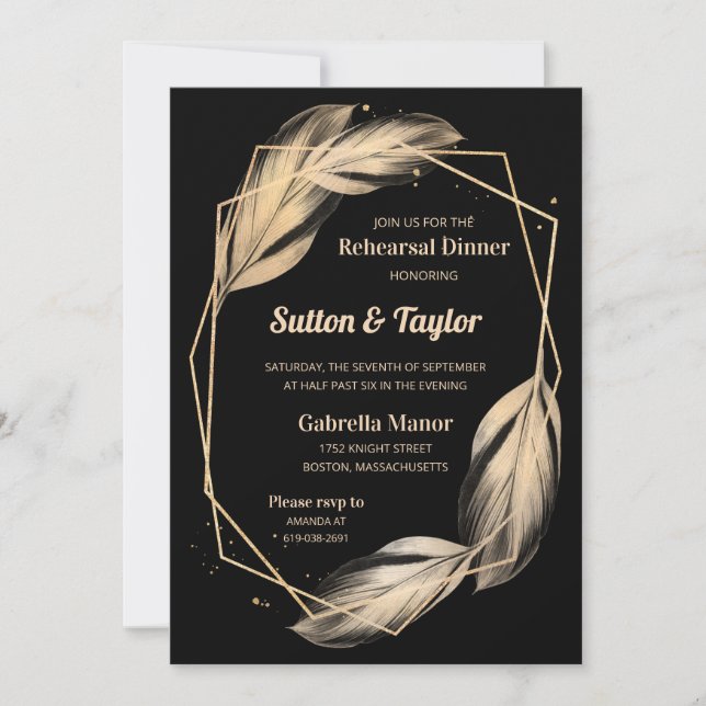 Invitation Plumes d'or au dîner de répétition noire (Devant)