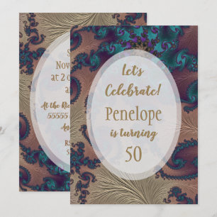 Invitation Plumes d'or turquoise et Rose Fractal 50e annivers