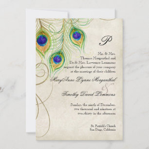 Invitation Plumes Peacock Black Mariage damassé papeterie
