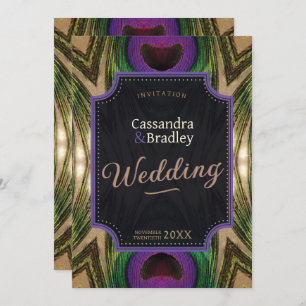 Invitation Plumes Peacock Coeurs pourpres Vert Or Glow