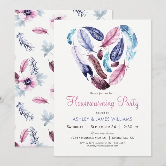 Invitation Plumes roses et violettes Fête de chauffage domest (Devant / Derrière)