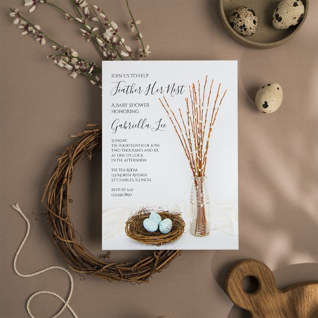 Invitation Plumes rustiques Son Nid Baby shower Oeufs Bleus (Créateur téléchargé)