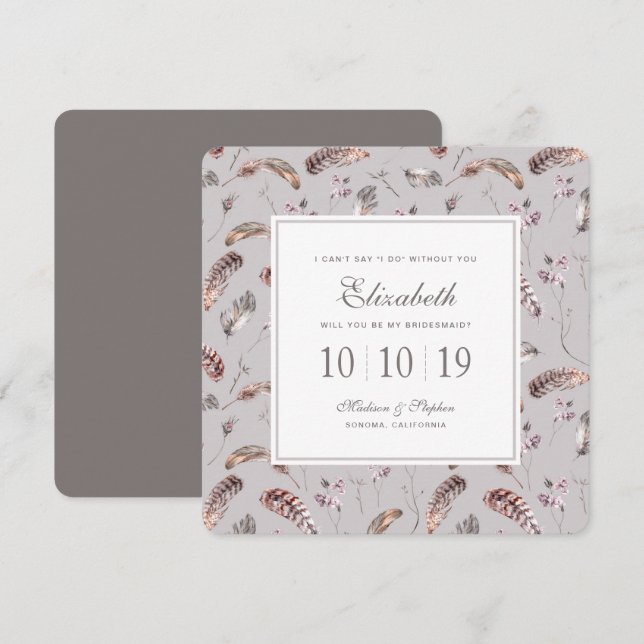 Invitation Plumes Vintages et motifs floraux - Bridesmaid (Devant / Derrière)