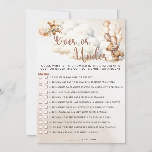 Invitation PLUS OU MOINS Baby shower Jeu mou Ballons Ours (Devant)