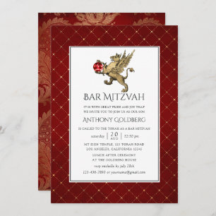 Invitation Plush Red et or Damask et Lattice Bar Mitzvah