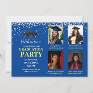 Invitation Plusieurs photos bleu et jaune Partie de graduatio