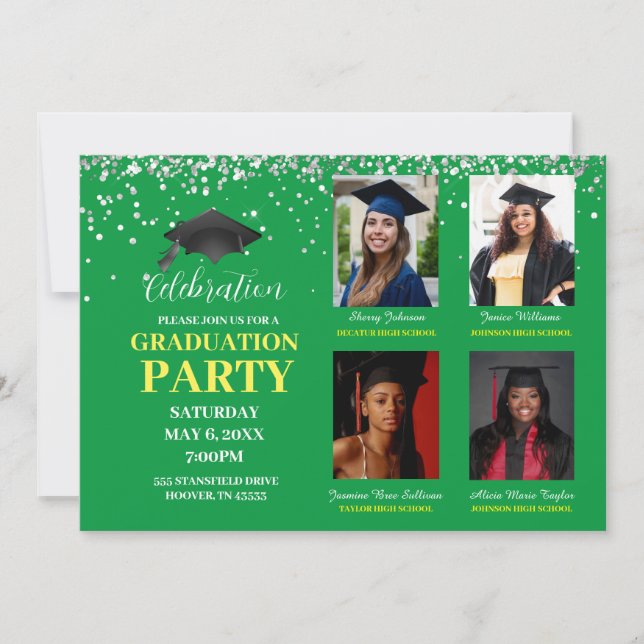 Invitation Plusieurs photos vert et jaune Partie de graduatio (Devant)