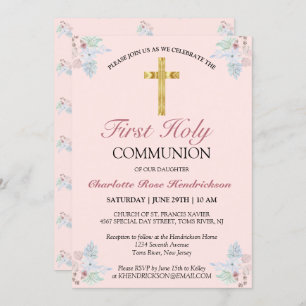 Invitation Plutôt rose Floral Première Communion Sainte