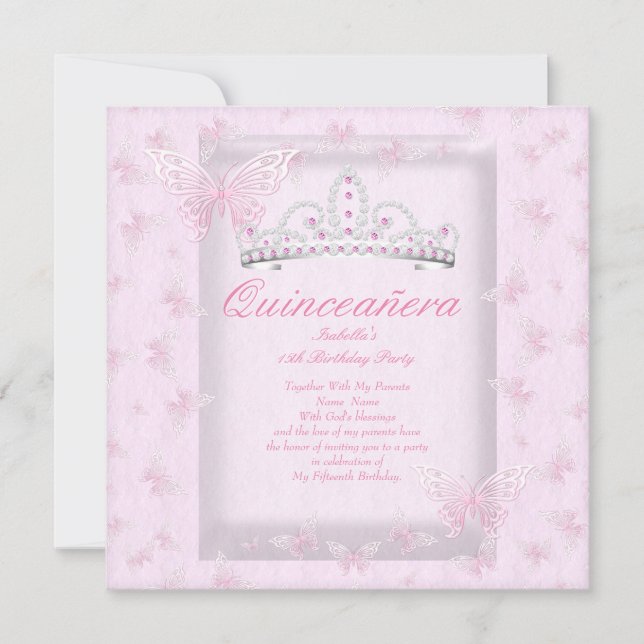 Invitation Plutôt rose Quinceanera Party Tiara Butterflies (Devant)