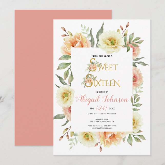 Invitation Poche fleurs d'aquarelle sweet sixteen anniversair (Devant / Derrière)