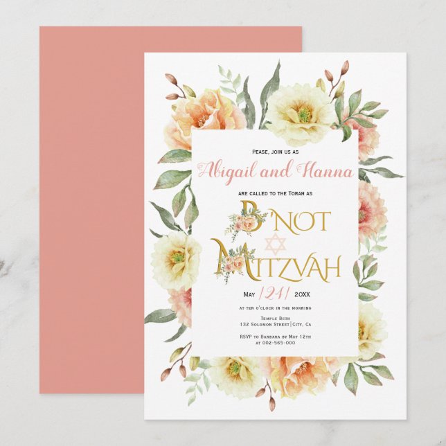 Invitation Pocher fleurs d'aquarelle florale B' Not Mitzvah (Devant / Derrière)