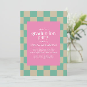 Invitation Pod Pink Mint Green Checkerboard Partie de graduat