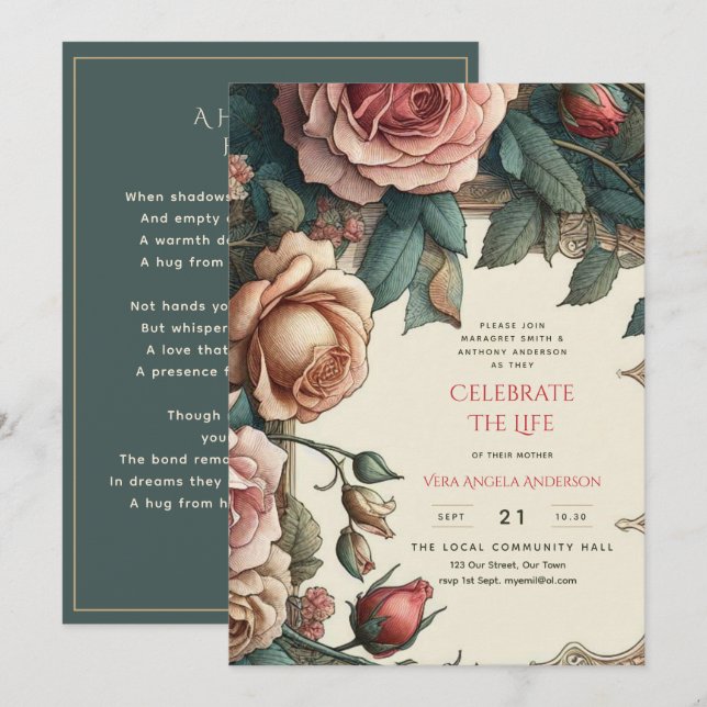 Invitation Poème commémoratif de la fête de la vie des Roses  (Devant / Derrière)