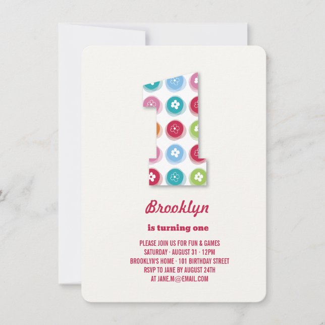 Invitation Poids Fuzzy Couleur Points 1er Anniversaire Photo  (Devant)