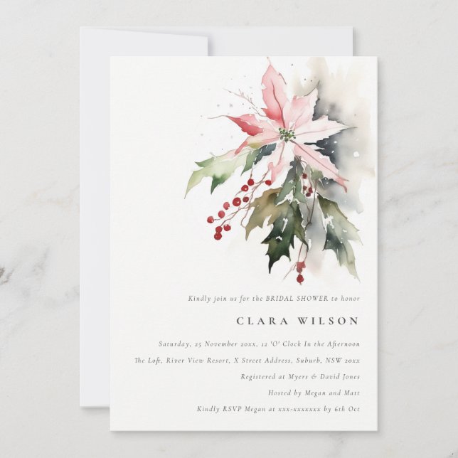 Invitation Poinsettia Berry Foliage Fête des mariées aquarell (Devant)