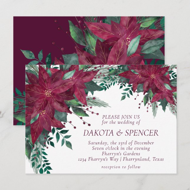 Invitation Poinsettia Bourgogne et Mariage de vacances Turquo (Devant / Derrière)