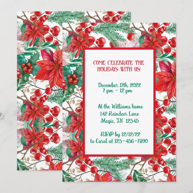 Invitation Poinsettia, Branches de pin et Baies Rouges  (Devant / Derrière)