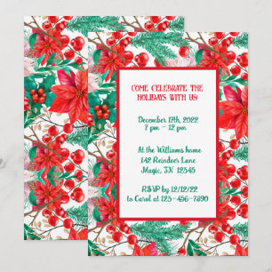 Invitation Poinsettia, Branches de pin et Baies rouges 