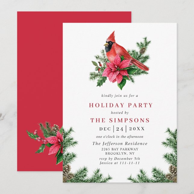Invitation Poinsettia Cardinal Rouge Noël Fête de Noël (Devant / Derrière)