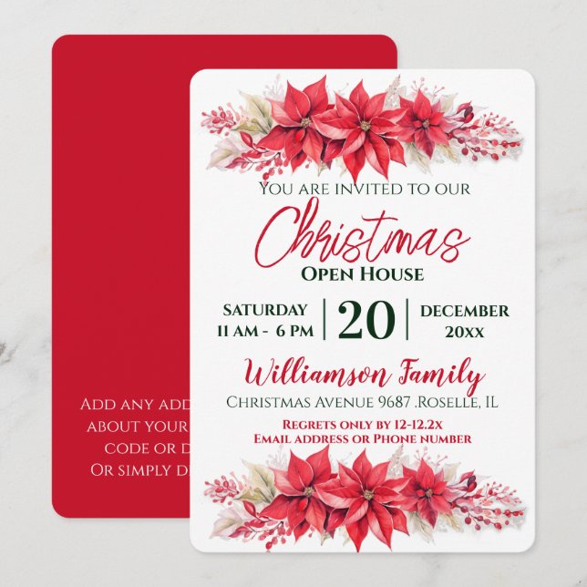 Invitation Poinsettia Christmas Open House Party (Devant / Derrière)