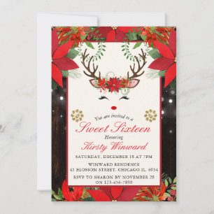Invitation Poinsettia de Noël élégant Renne Sweet 16