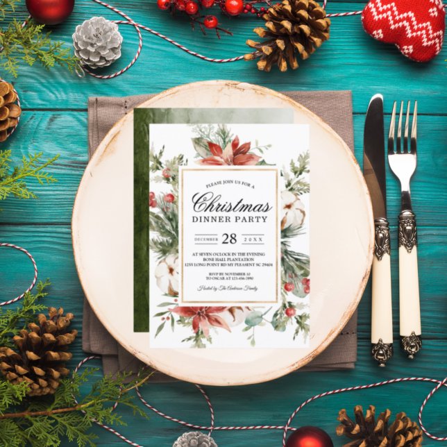 Invitation Poinsettia d'hiver à l'aquarelle & Sapin Vert I (Créateur téléchargé)