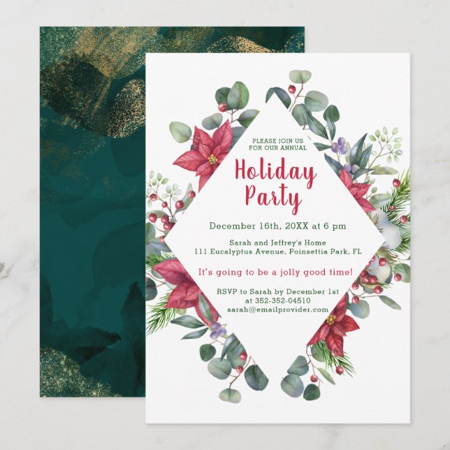 Invitation Poinsettia, feuilles d'eucalyptus, Noël des baies  (Devant / Derrière)