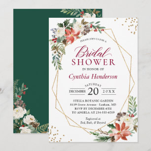 Invitation Poinsettia Floral Gold Fête des mariées de Noël
