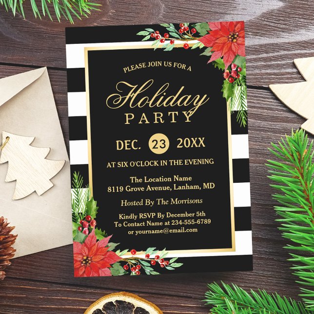 Invitation Poinsettia Floral Gold Frame Fête de Vacances (Créateur téléchargé)