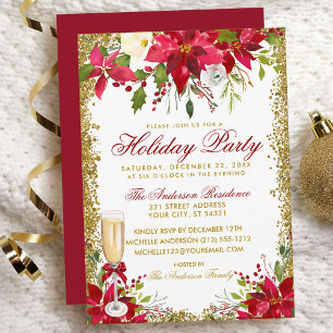 Invitation Poinsettia Florale Champagne Verre Fête