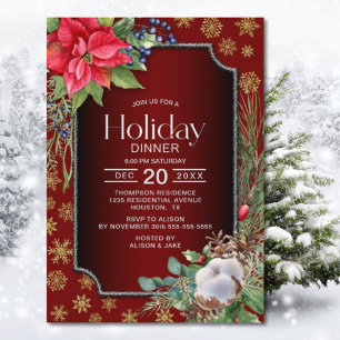 Invitation Poinsettia Gold Snowflakes Dîner de Fête Rouge