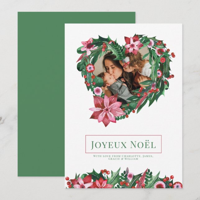 Invitation Poinsettia Heart Wreath Joyeux Noël Christmas Card (Devant / Derrière)