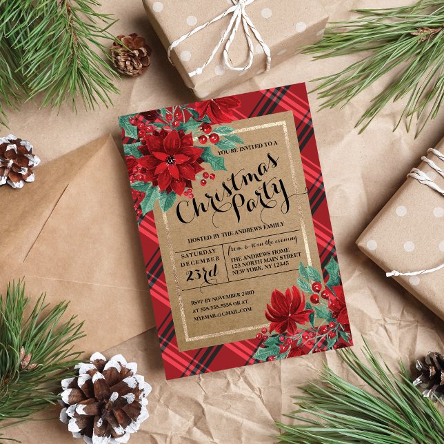 Invitation Poinsettia Plaid Tartan Kraft Noël rustique (Créateur téléchargé)