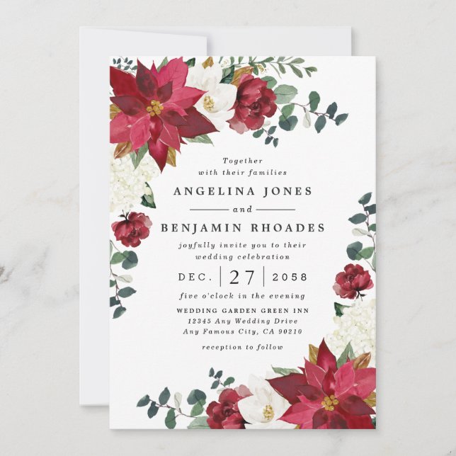 Invitation Poinsettia Red Winter Russe Mariage de Noël (Devant)
