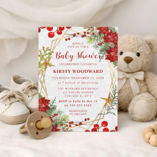 Invitation Poinsettia rouge et baies Fleurs d'hiver pour Baby