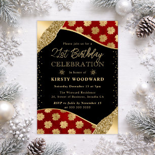 Invitation Poinsettia rouge et or 21e anniversaire