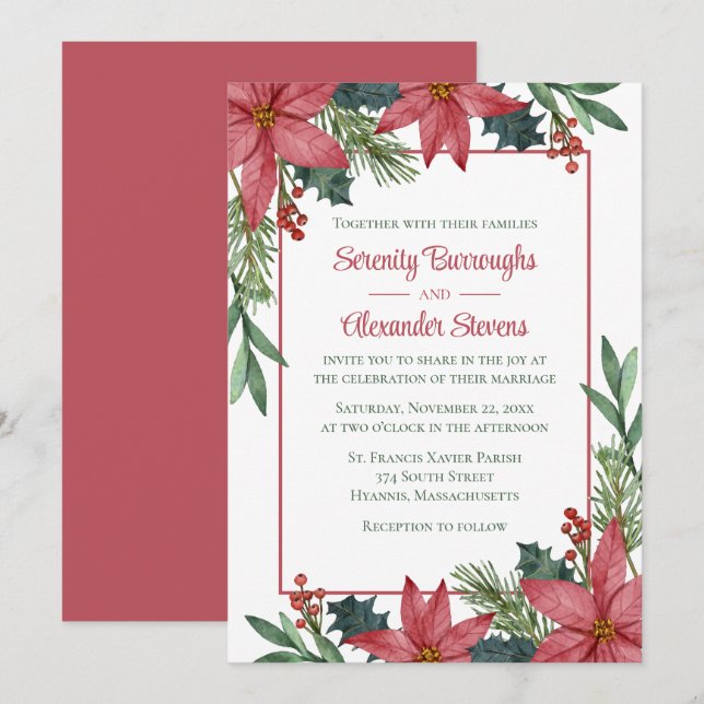 Invitation Poinsettia Rouge Floral Élégant Mariage de Noël (Devant / Derrière)