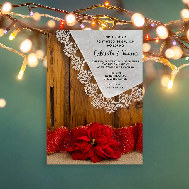 Invitation Poinsettia Rouge Rustique Brunch d'hiver après-mar (Set a festive tone to your day after celebration with this rustic chic post wedding brunch invite.)