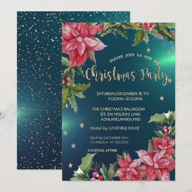 Invitation Poinsettia, Stars Green Company fête de Noël (Devant / Derrière)