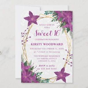 Invitation Poinsettia Violet Élégant Fête Douce des 16 ans d'